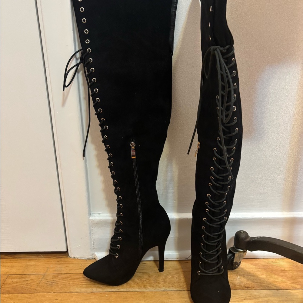 Steve Madden Black Lace-Up Over-the-Knee Boots - 36